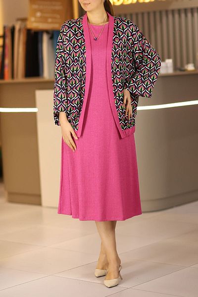 Samsara Women's Pink Large Size Satin Cardigan Over Knitted Dress
