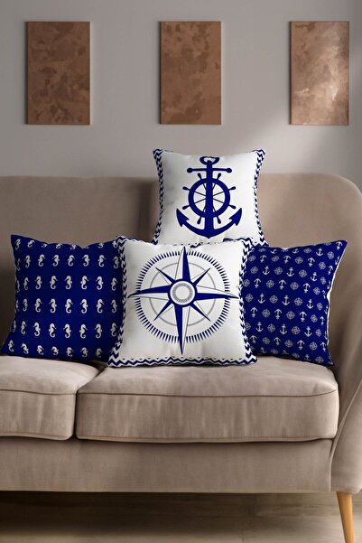 Şah Dekor Set de 4 fețe de pernă decorative cu imprimare digitală, cu model marin, ancoră și busolă