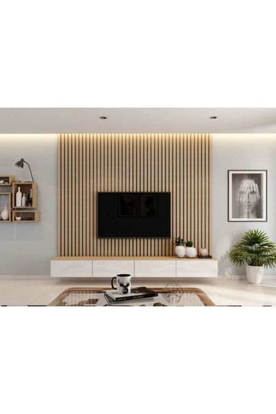 Dizayn Star Tv ÜNİTESİ TV SEHPASI ALT MODÜLÜ BEYAZ BAMBu MAT 240 Cm MDF