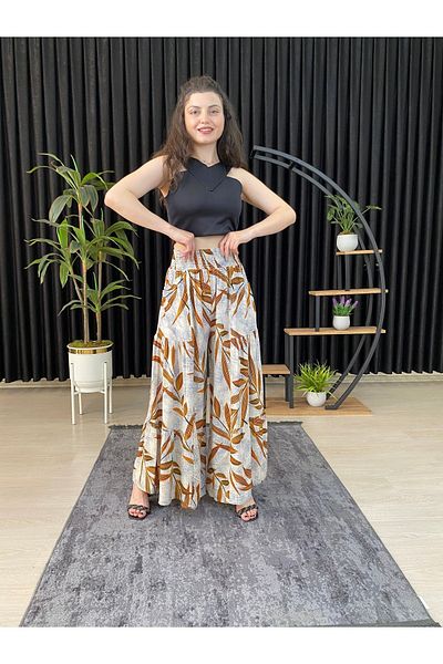 ESPOİRPLUS Mustard Leaf Patterned - Lycra Woven Women's Trouser Skirt