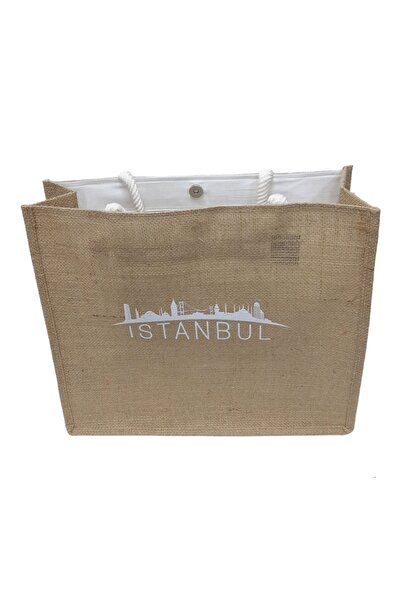 KYLE XM حقيبة شاطئ من قش الجوت مطبوعة من اسطنبول وحقيبة حمام سباحة مع جيب داخ...