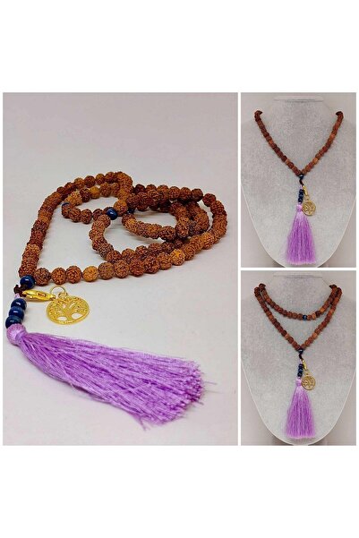 Yasamtohumu قلادة مالا مصنوعة يدويًا على الطراز التبتي مع جهاز شجرة الحياة بشرابة أرجوانية من بذور رودراكشا 108 قطعة