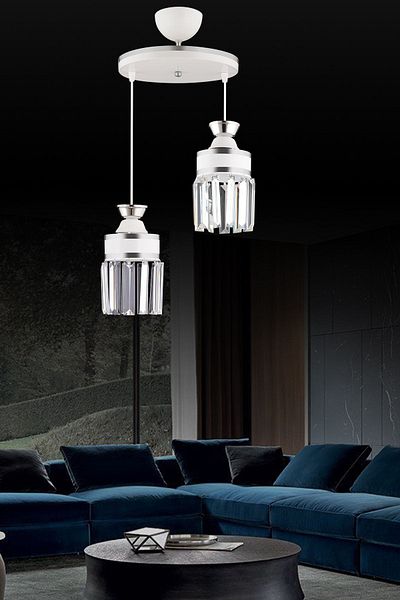 KARDELEN AYDINLATMA AVİZE Nairobi 2-Piece White Pendant Lamp Crystal Stone Chrome Strip Cylinder Downward Facing Luxury Chandelier