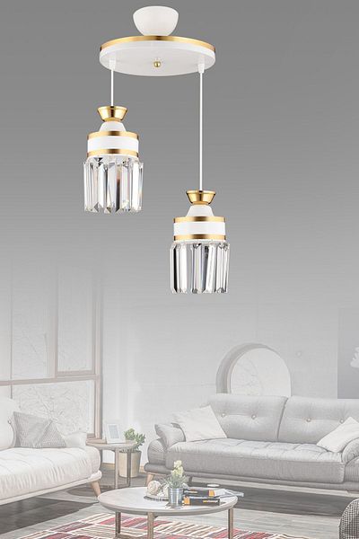 KARDELEN AYDINLATMA AVİZE Nairobi 2-Piece White Pendant Lamp with Crystal Stones and Yellow Strip Cylinder Downward Facing Luxury Chandelier