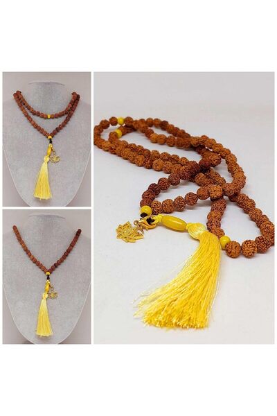 Yasamtohumu Rudraksha Tohumlu Sarı Püsküllü Lotus Aparatlı 108'lik Tibet Stil...