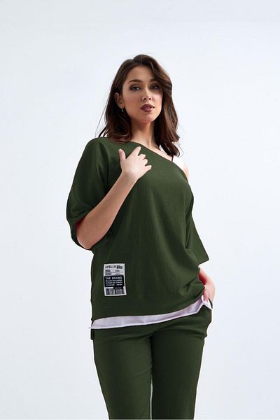 leilas Women's New Season Green Color Narrow Leg Embroidered Wrap Fabric Set