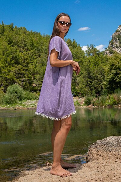 Dokubba Φόρεμα παραλίας με φαρδιά κοπή, 100% βαμβάκι, χειροποίητη κεντητική κεντητική φούντα, λεπτή και ειδική ύφανση