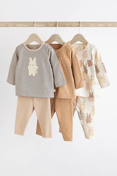 Next Baby 100% Cotton Brown Rabbit Patterned 3-Piece Top and Bottom Set