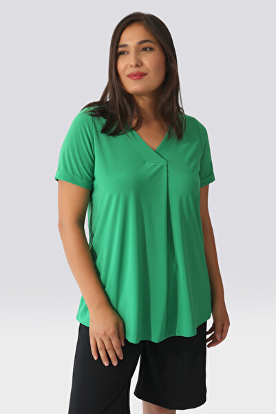 TOLGA SARAÇOĞLU 10714 بلوزة محبوكة مريحة بتفاصيل طيات خضراء