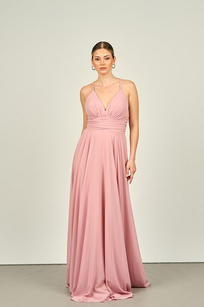 DORİDORCA Doridorca 5046 Model Long Evening Dress - Κορδόνια και λεπτομέρεια στην πλάτη, πούδρα