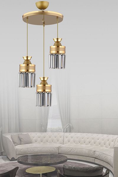KARDELEN AYDINLATMA AVİZE Nairobi 3-Piece Antique Pendant Lamp Crystal Stone Yellow Striped Cylinder Downward Facing Luxury Chandelier
