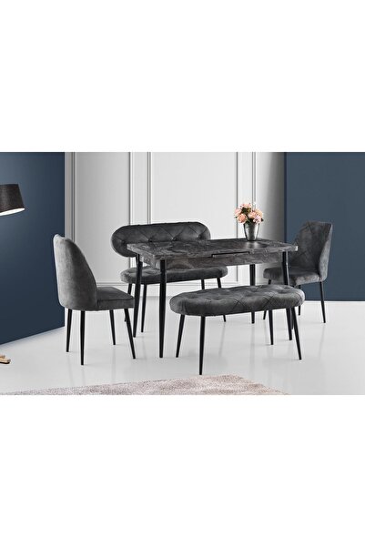 Levent Mobilya Aksesuar Ay Masa Ve Sandalye Bench Takımı, Gri Siyah, 120x70