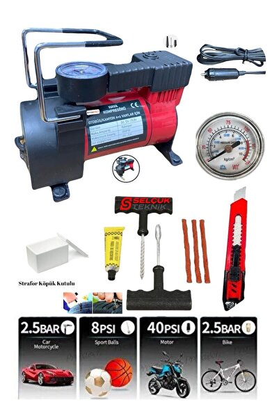 STANVOLT Çakmaklık Girişli Hava Kompresörü Lastik Şişirici Pompa Tamir Kiti