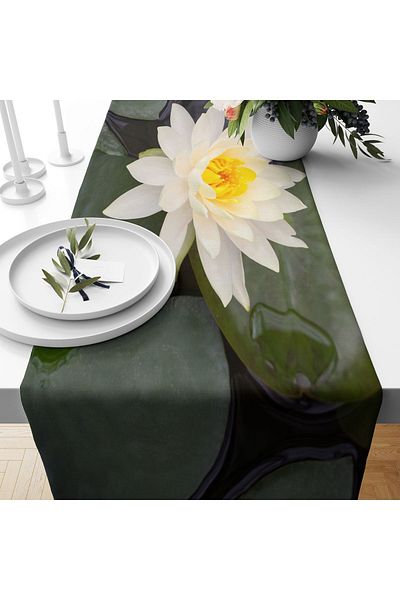 PRINTOPIA Lotus Flower Patterned Washable Decorative Tablecloth Runner