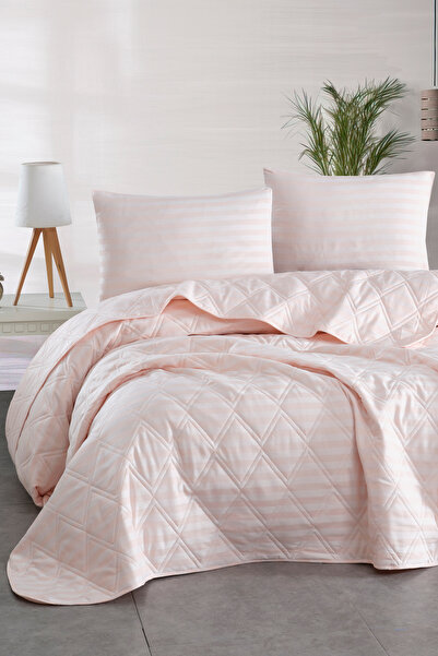 Enlora Home Water Yollu Saten Çok Amaçlı Örtü Tek Kişilik Pudra