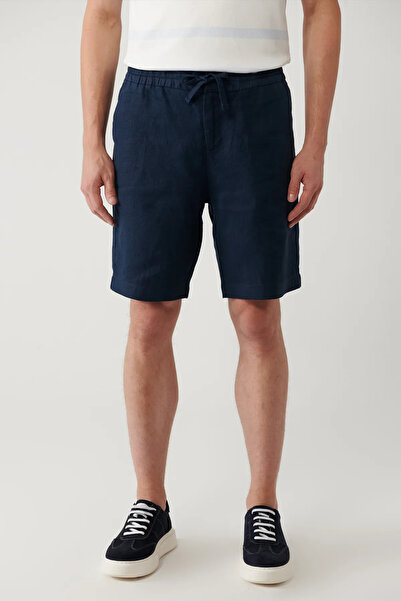 MERİCEY Erkek Beli Bağcıklı Lacivert Pamuk Keten Şort