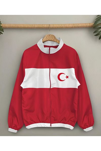 Lushen Turkey National Team Unisex Parachute Fabric Oversize Digital Printed Black Windbreaker Raincoat
