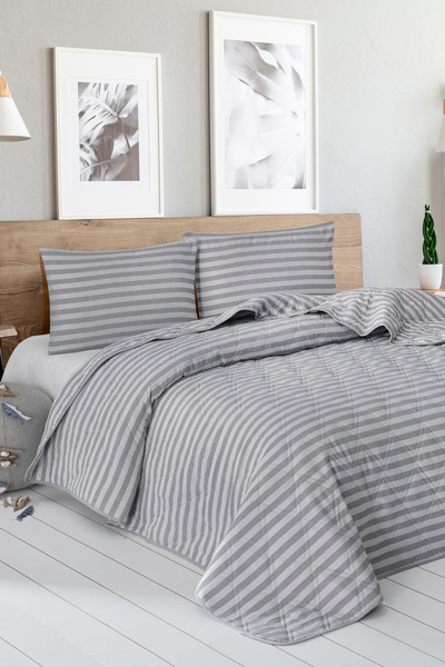 Enlora Home Water Yollu Saten Çok Amaçlı Örtü Çift Kişilik A.Gri