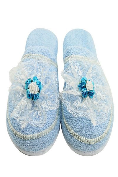 Kazanabil Blue Lohusa Slippers and Crown Set with Paper Rose Decoration on Lace