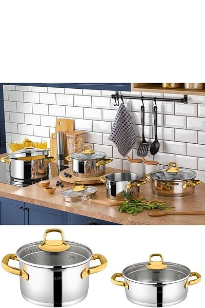 Glore Florence 8 Piece Steel Pot Set - Gold
