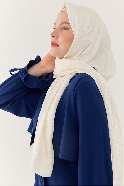 MİRSOY SCARF Shiny Jacquard Patterned Ring Shawl - Ecru
