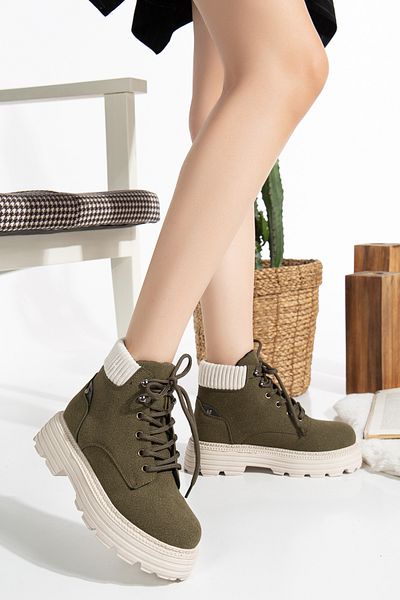 Mc vay Shoes Γυναικείες μπότες Cess Khaki Cat με λεπτομέρεια με κορδόνια