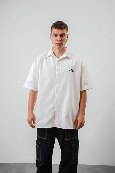 Respire Ecru Color Oversize Men's Shirt - Short Sleeve and Text Detail