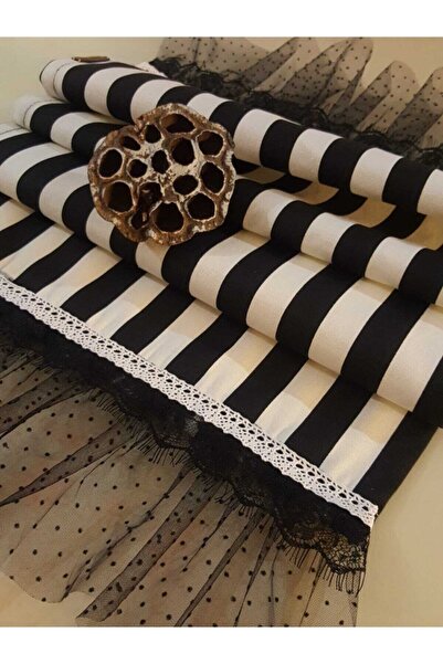 ZEYHOME DESIGN Siyah Beyaz Çizgili Dertsiz Dekoratif Tül Süslemeli Runner
