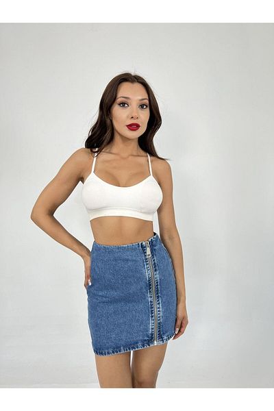 Fame Fusta albastră scurtă din denim - Fermoar lateral și detaliu cu fante