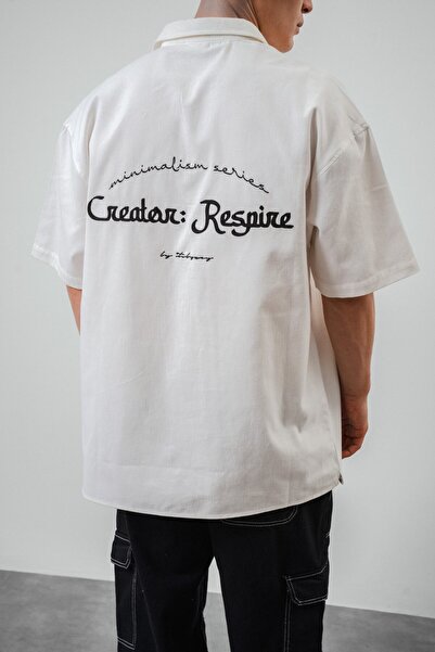 Respire Ecru Color Oversize Men's Shirt - Short Sleeve and Text Detail