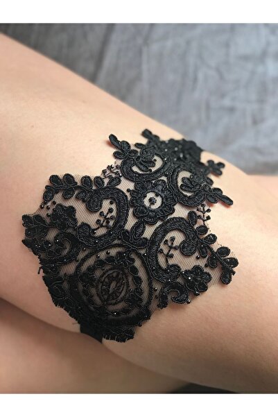 VENÜS MODA by Pınar Siyah Güpür Taşlı Abiye Jartiyer Aksesuarı Tekli Arkası L...