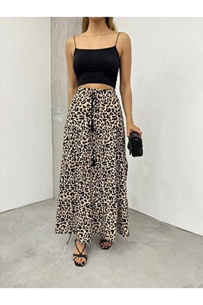 BİKELİFE Women's Leopard Patterned Flowy Waist Lace-up Long Size Skirt