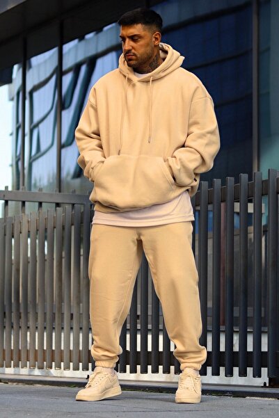 YAKAMEL Set de trening pentru bărbați, bej, cu glugă, cu talie înaltă, elastic