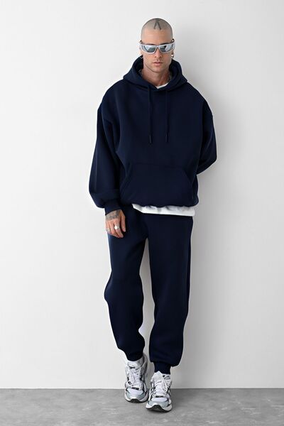 YAKAMEL MEN'S NAVY BLUE 3 YARN INSIDE FLEECE OVERSIZED SPORTS TRACK SET