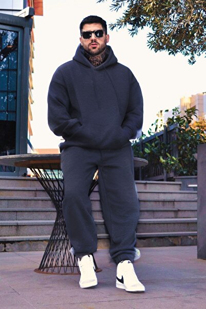 YAKAMEL ERKEK KIŞLIK EŞOFMAN TAKIMI FÜME 3 İPLİK İÇİ POLARLI OVERSİZE