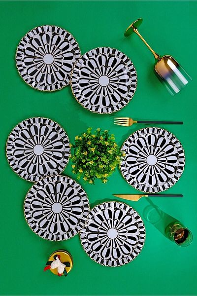 Glore Destina Black Gold Gilded Glass Cake Plate Set for 6 Persons
