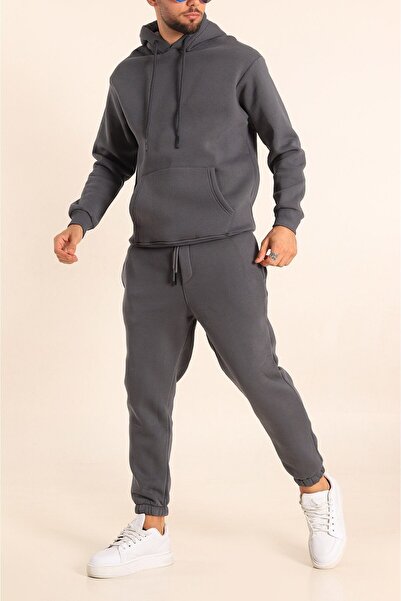 YAKAMEL Set de trening din fleece pentru bărbați, cu glugă și buzunare, cu pi...