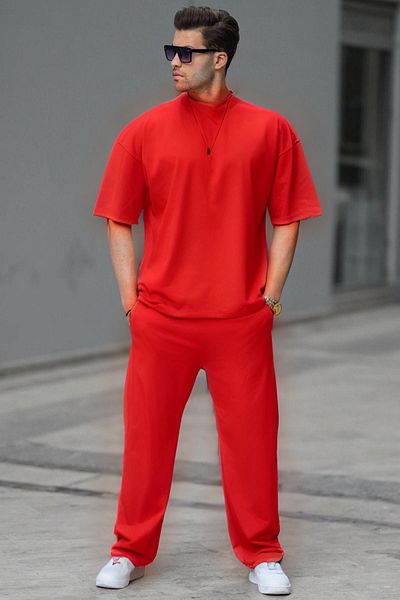 YAKAMEL Men's Red Casual Short Sleeve T-shirt And Pajama Set