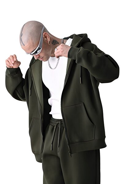 YAKAMEL Erkek Basic HAKİ Unisex Tam Fermuar Sweatshirt Hırka