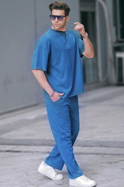 YAKAMEL Men's Indigo Casual Short Sleeve T-shirt And Pajama Set