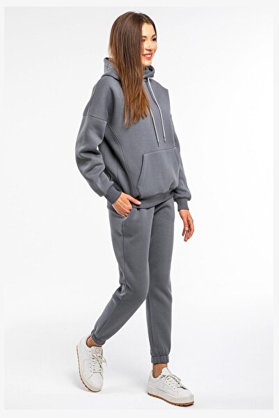 YAKAMEL Kadın Smoked 3 İplik Polarlı Kapşonlu Eşofman Takımı