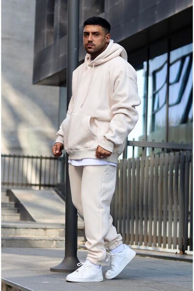 YAKAMEL men's beige 3 thread hoodie puff high waist tracksuit set with elastic
