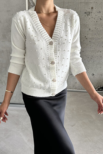 MODAGEN White V-Neck Pearl Detailed Women's Knitwear Cardigan