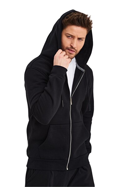 YAKAMEL Unisex SİYAH Tam Fermuarlı Hırka Sweatshirt Kapşonlu Kanguru Cepli Kadın Erkek