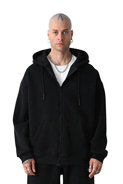 YAKAMEL Erkek Basic SİYAH Unisex Tam Fermuar Sweatshirt Hırka