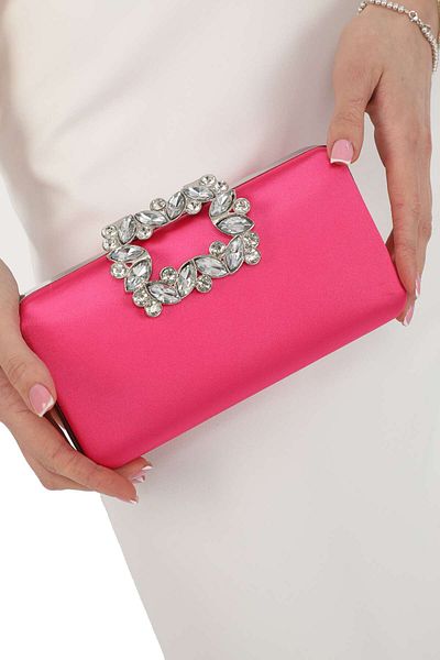 womenacs Țesătură satinată de culoare fuchsia, cu motiv de flori, rochie de seară cu pietre în mână și curea, portofoliu, geantă de seară