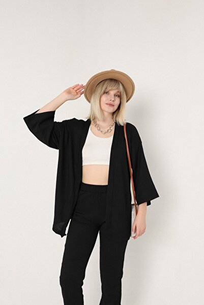 YAKAMEL Set kimono palazzo negru, larg și lejer - Bürümcük