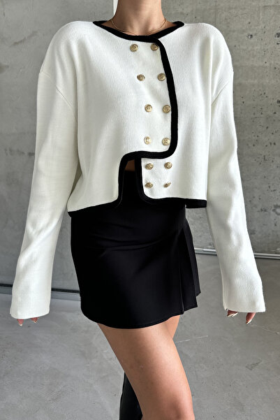 MODAGEN Cardigan de damă cu dungi albe - Detaliat cu nasturi dubli