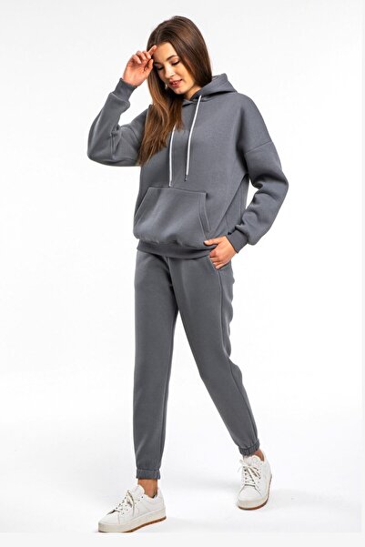 YAKAMEL Kadın Smoked 3 İplik Polarlı Kapşonlu Eşofman Takımı