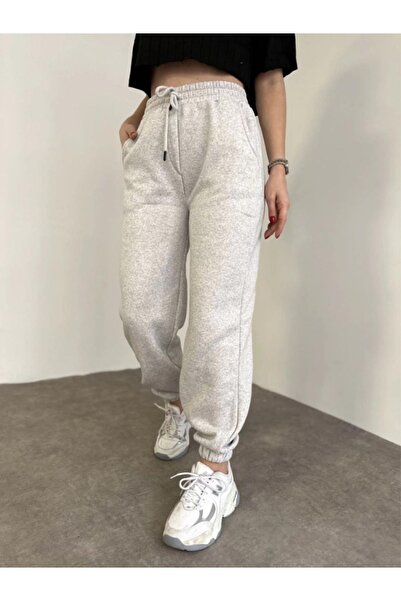 YAKAMEL Unisex Γκρι μελανζέ χοντρό πλεκτό παντελόνι τζόγκερ με 3 κλωστές